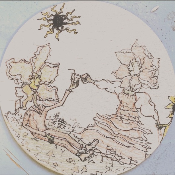 6” Diameter wooden drawings. Flower personification illustrations. - Picture 1 of 1